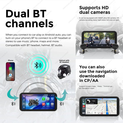 Portable 6.25-Inch Motorcycle GPS Navigation with Wireless CarPlay & Android Auto – IP67 Waterproof, DVR Drive Recorder, WIFI Moto Monitor