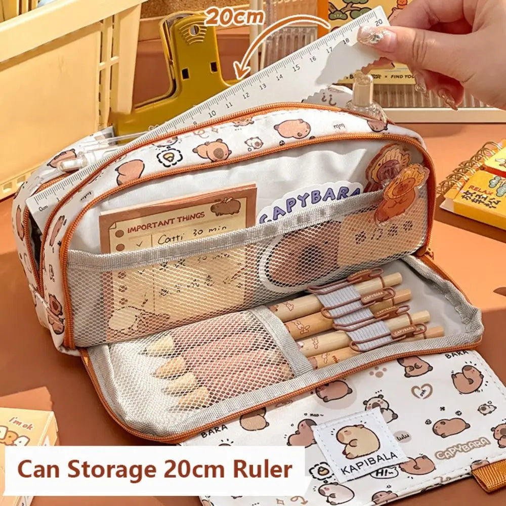 INS Capybara Four-Layer Large Capacity Pen Bag - Cute Cartoon Pencil Case, Stationery Organizer & Storage Bag for Students, Perfect Gift