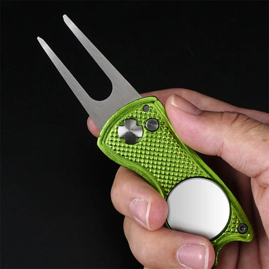 Foldable Golf Divot Repair Tool – Ball Marker & Groove Cleaner Putting Green Fork Accessory
