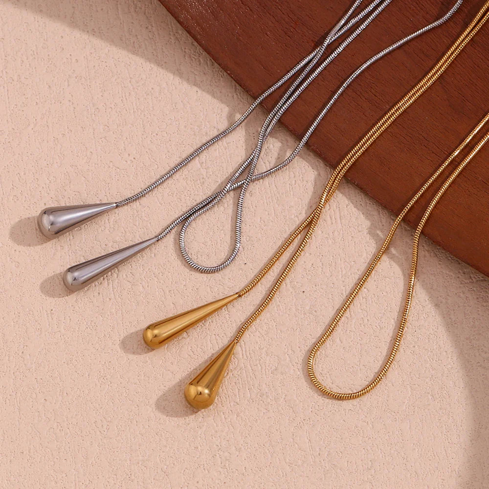 Two Water Drop Snake Chain Necklace – Tarnish-Free Silver & 18K Gold Plated Stainless Steel Jewelry for Women
