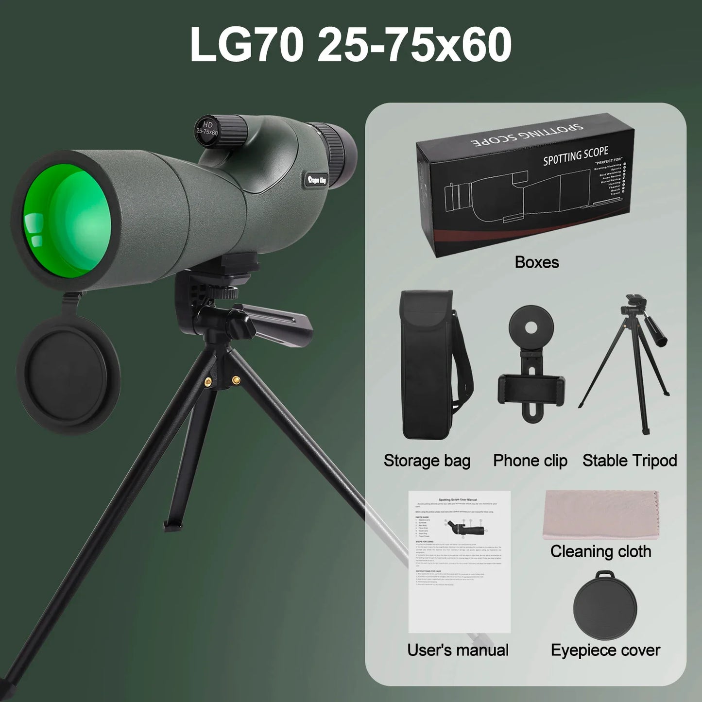 Powerful 25-75x60 Telescope Spotting Scope - Zoom Monocular FMC BAK4 Waterproof for Bird Watching, Target Shooting with Tripod