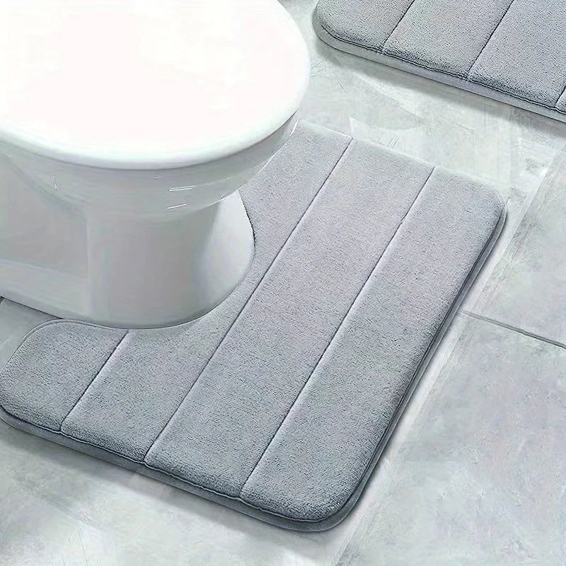 Pure Color Stripe Bathroom U-Mat Carpet - Soft Non-Slip, Quick-Dry Toilet & Shower Mat for Family Bathroom