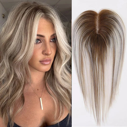 Ash Gray Brown 100% Remy Human Hair Toppers – Clips-In Lace Base Topper Hairpieces for Women, 12-inch Straight Hair Extensions