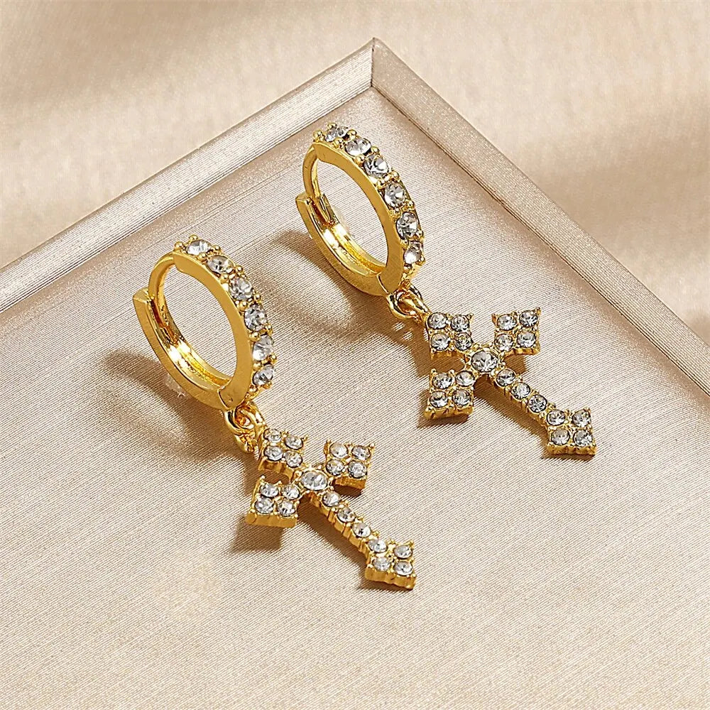 Classic Cross Crystal Earrings - Replaceable White Point-Drill Hip-Hop Party Jewelry for Women & Men