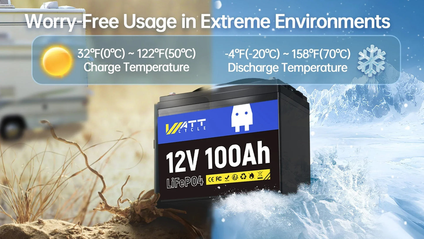 Wattcycle 12V 100Ah LiFePO4 Battery Pack – Grade A Rechargeable Lithium Iron Phosphate for Home & Outdoor Energy Storage