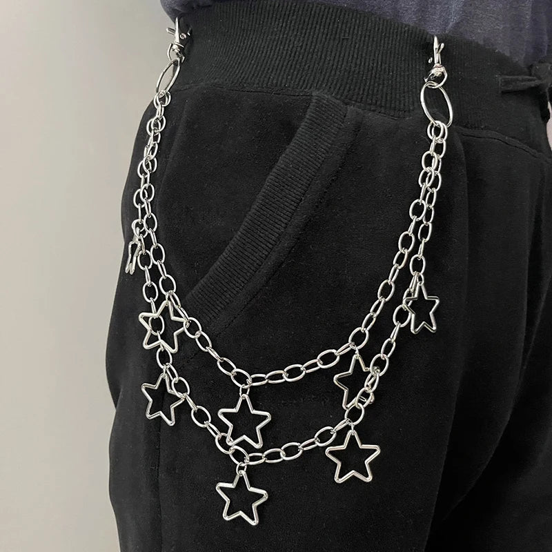 Punk Street Moon & Star Keychain – Goth Skull Rivet Waist Chain for Jeans, Unisex Rock Accessories