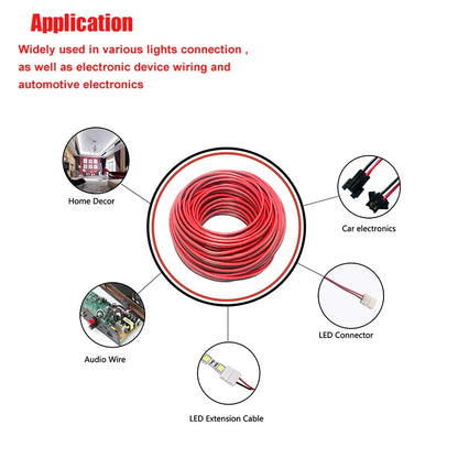 2-Pin Red & Black Extension Cable – PVC/Silicone Tinned Copper Wire (16–28 AWG)