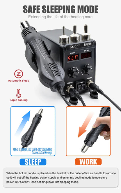 JCD 8586D 2-in-1 750W Soldering Station with Hot Air Gun – LCD Digital Display Electric Soldering Iron for SMD Welding & Rework