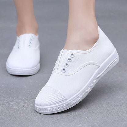 Lady Classic Round Toe White Canvas Shoes | Comfortable Lace-Up Street Sneakers for Students