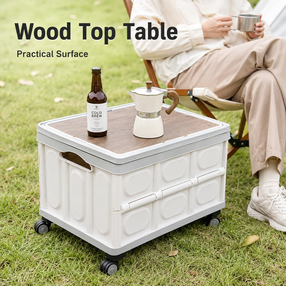 Foldable Storage Box with Wheels - Camping Gear Organizer with Wooden Lid for Car Trunk & Outdoor Use