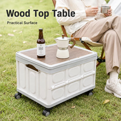 Foldable Storage Box with Wheels - Camping Gear Organizer with Wooden Lid for Car Trunk & Outdoor Use