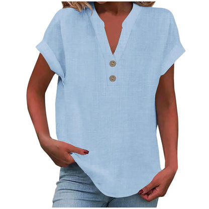 Women’s Summer Cotton Linen V-Neck Button Down Shirt – Breathable Casual Office Top in Solid Colors