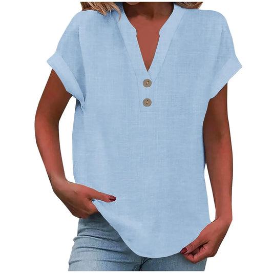 Women’s Summer Cotton Linen V-Neck Button Down Shirt – Breathable Casual Office Top in Solid Colors