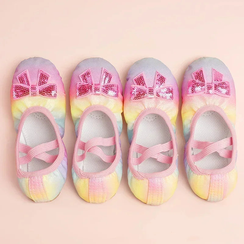 Girls Ballet Dance Shoes — Rainbow Bow Sequin Leather Soft Sole Flats for Performance & Practice
