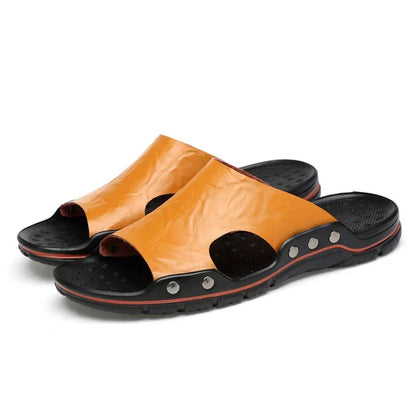 YRZL Men’s PU Leather Sandals – Classic Summer Slippers, Soft Black Lightweight EVA Slides, Big Sizes