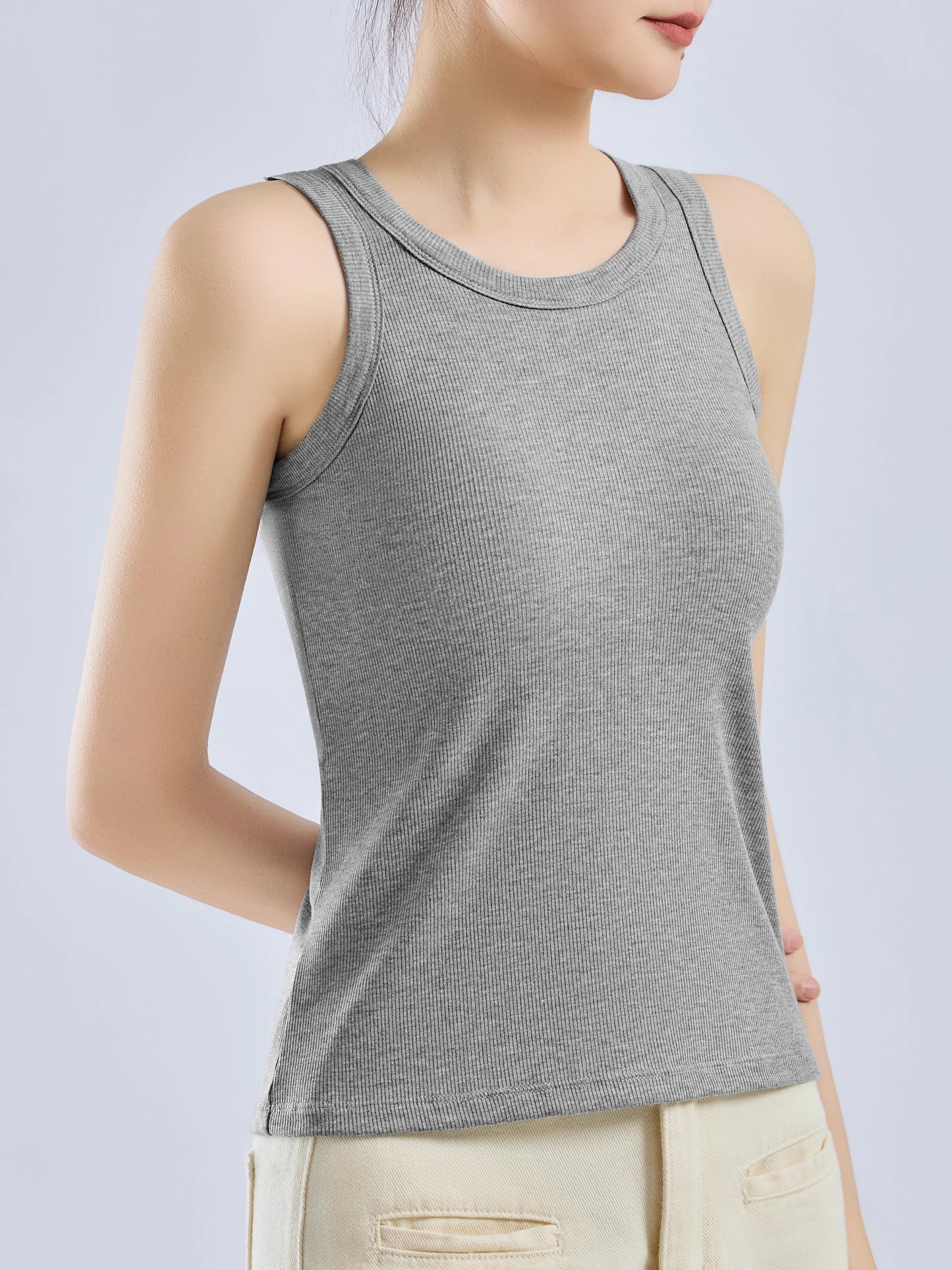 Women’s Threaded Camisole Vest – All-In-One Pure Color Top with Built-In Breast Pads, Inner & Outer Layer Bottoming Shirt
