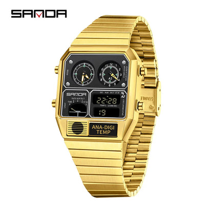 SANDA 3192 Men’s LED Square Watch — Youth Casual Multi-Function Stopwatch Thermometer Chronograph