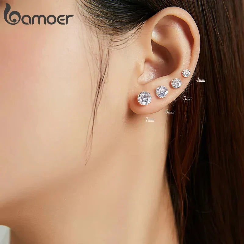 Bamoer 925 Sterling Silver CZ Stud Earrings – Platinum Plated Round Cubic Zirconia Barbell, Hypoallergenic, 4-7mm