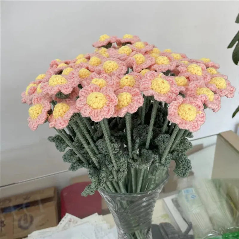 Handmade Knitted Artificial Flowers - 1PC Crochet Rose and Sunflower, Hand-Woven Yarn Simulation for Wedding Decor