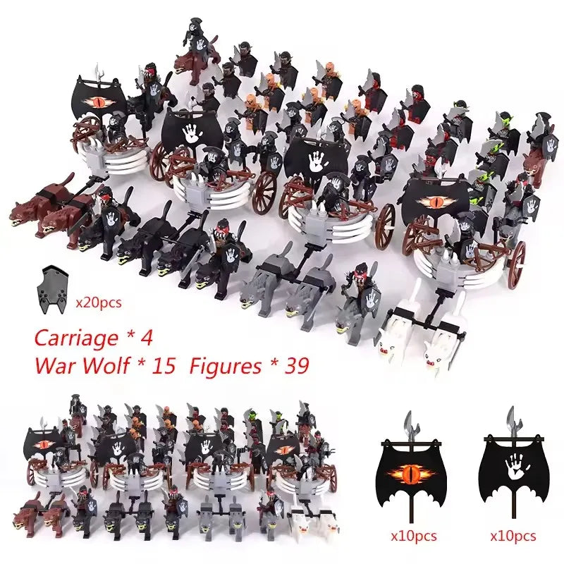 MOC Medieval LOTR Figures — Black Wolves & Mounted Chariots Action Dolls, Assembled Brick Building Blocks Toy