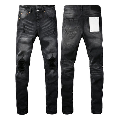 2025 Men’s High Street Ripped Skinny Jeans — Low Rise Blue Distressed Denim Fashion Repair Trousers 9003