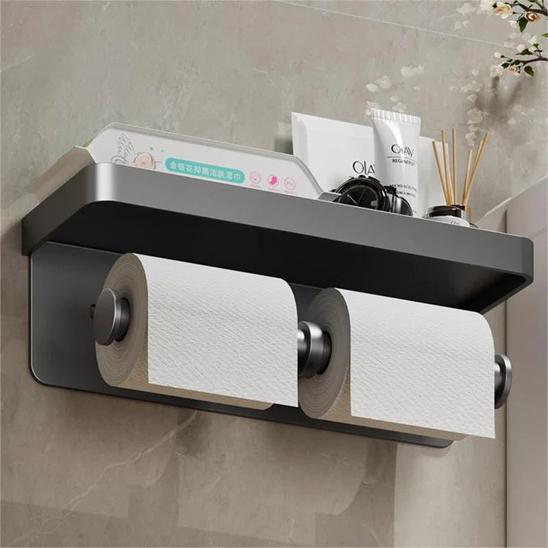 Large Wall-Mounted Toilet Paper Holder with Storage Tray and Phone Stand - Bathroom Accessories, Toilet Organizer