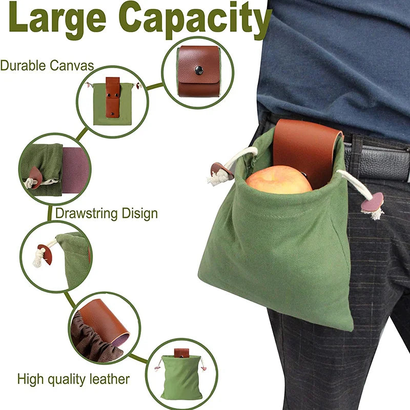 Outdoor Leather Foraging Bag – Bushcraft Waist Pouch for Vegetable, Fruit & Garden Harvest, Camping Tool Storage