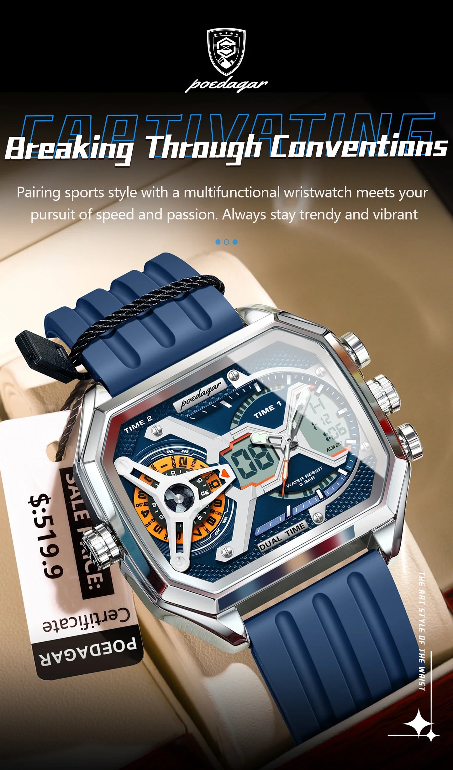 POEDAGAR Men's Luxury LED Wristwatch – Electronic Quartz Watch with Calendar, Week Display, Luminous Hands, and Silicone Strap