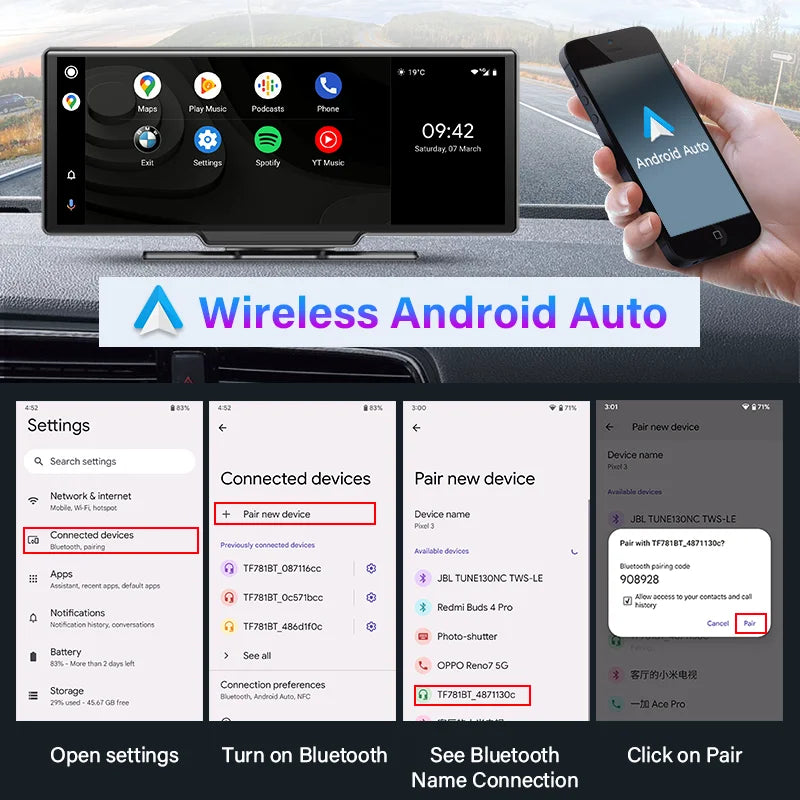 Srnubi 10.26 Inch Dash Cam Rearview Mirror - CarPlay & Android Auto DVR with GPS Navigation, Video Dashboard Monitor
