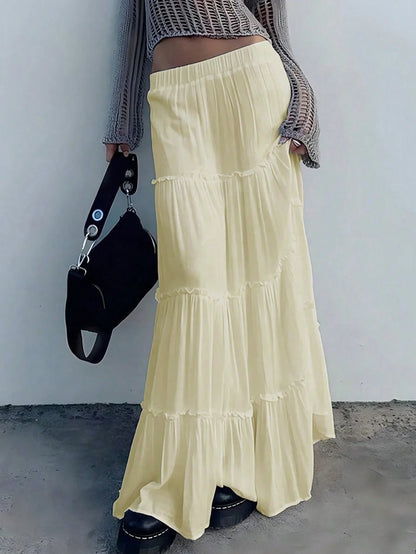 Women’s High Waist White Autumn Skirt – Lotus Leaf Edge Pleated Solid Color Cake Skirt, Trendy Comfortable Design