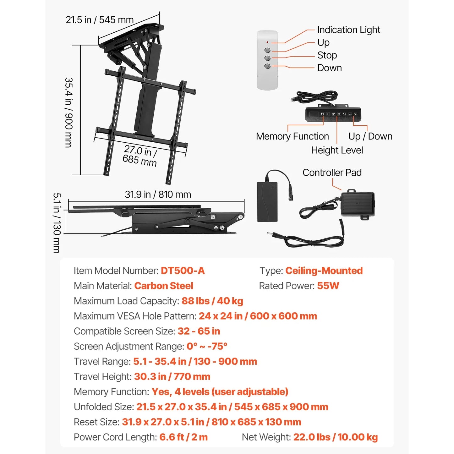 SucceBuy Motorized TV Wall Mount Bracket for 32–70 Inch TVs – Adjustable Electric Lift, Heavy Duty, Max VESA 24x16/24, 88–132 lbs Capacity