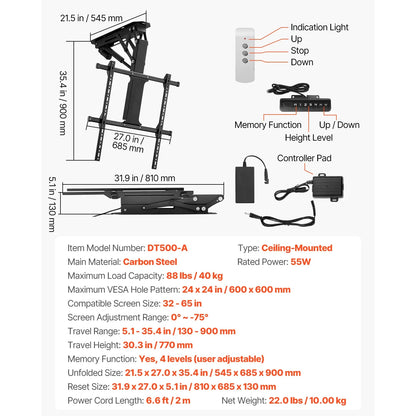 SucceBuy Motorized TV Wall Mount Bracket for 32–70 Inch TVs – Adjustable Electric Lift, Heavy Duty, Max VESA 24x16/24, 88–132 lbs Capacity