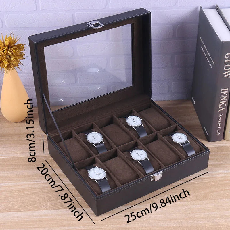 DELESYS PU Leather Watch Box — 2/3/4/5/6/8/10/12 Slot Traditional Style Storage Case with Lock, Gift Watch Organizer