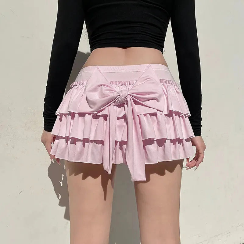 Women’s Bow A-Line Mini Skirt — Sexy Slim Low-Waist Casual Y2K Skirt, Summer Fashion Streetwear in Pink