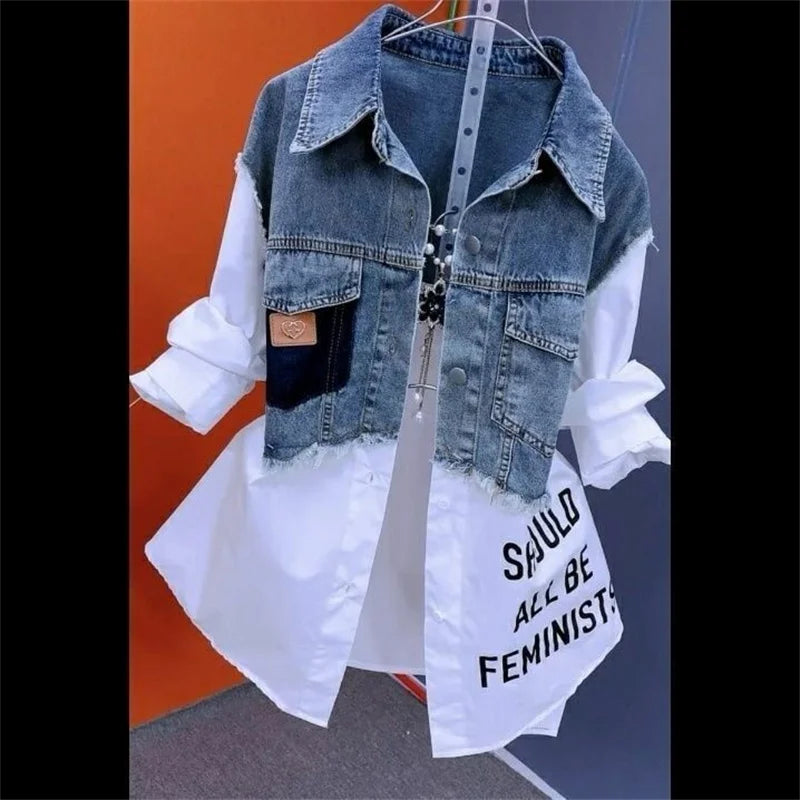 Women’s Denim Jacket – 2025 Casual Fashion, Fake Two Denim Shirts with Striped Stitching, Spring & Autumn Coat