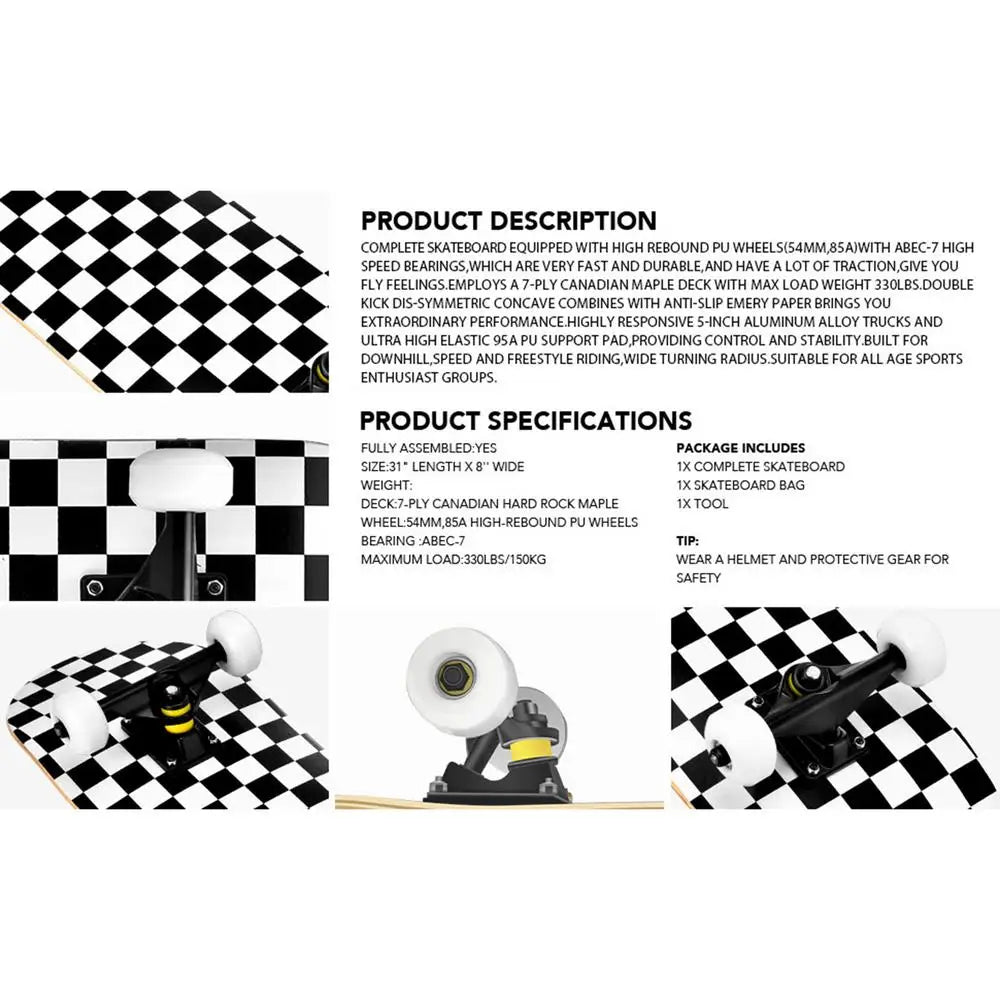 7 Layer Concave Skateboard – 31x8" Classic Trick Board for Adults, Kids & Teens