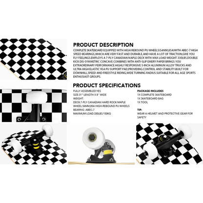 7 Layer Concave Skateboard – 31x8" Classic Trick Board for Adults, Kids & Teens