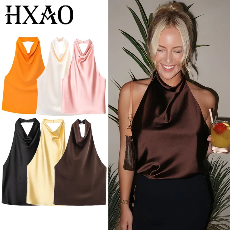 Women's Satin Halter Corset Top – Backless Elegant Sexy Summer Tank Vest in Yellow Pink Black