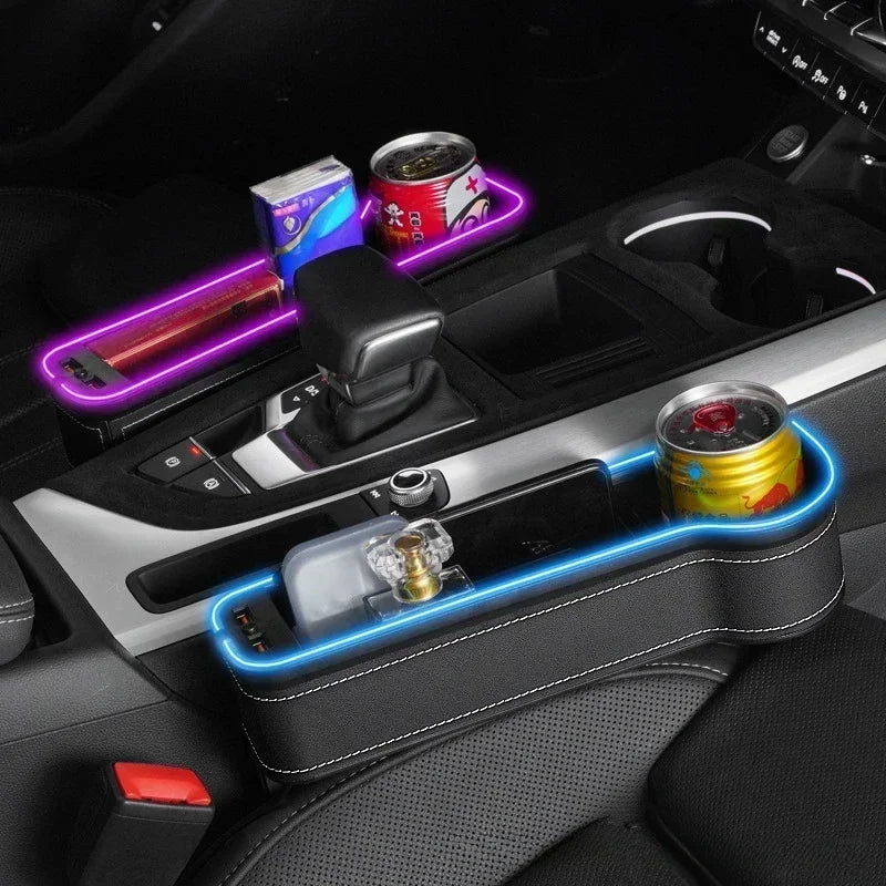 Car Seat Gap Organizer with 2 USB Chargers, LED Colorful Light, Pocket for Cards, Phone, Bottle & Cup Holder
