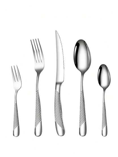 High-End Stainless Steel Silver Star Diamond Tableware Set - Includes Knife, Fork, Spoon, and Dessert Fork & Spoon - 6pc/30pc Options
