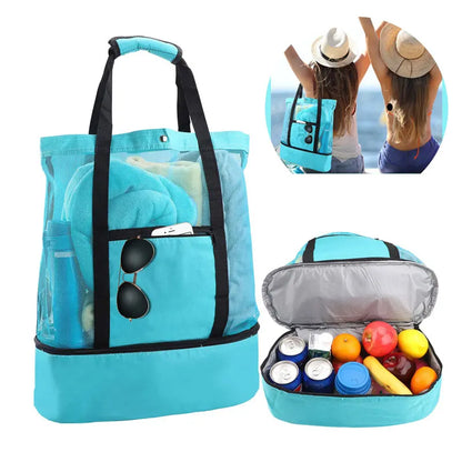 Women's Double-Layer Mesh Picnic Beach Bag: Transparent, High-Capacity Heat Preservation Swim Storage Tote - Waterproof Shopping Bags