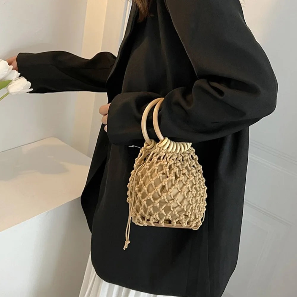 Handmade Woven Straw Handbag – Elegant Bucket Tote Wrist Pack for Women, Travel & Leisure