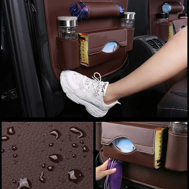 Car Seat Back Organizer with Foldable Table Tray – PU Leather Storage with Pockets, Kick Mats & Interior Accessories