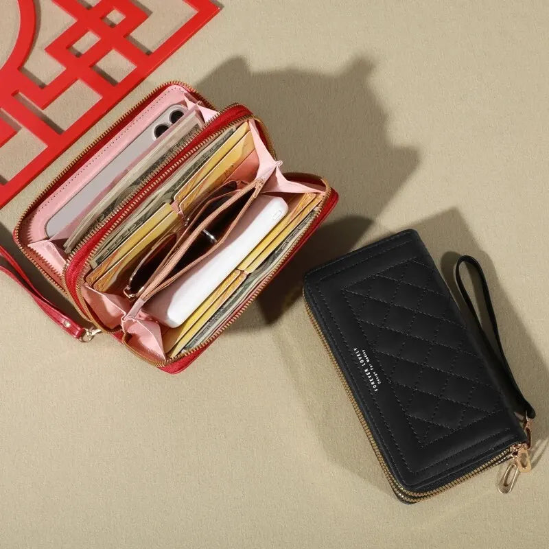 Long Women’s PU Leather Wallet – Double Zipper Clutch with Tassel, Card Holder & Coin Purse