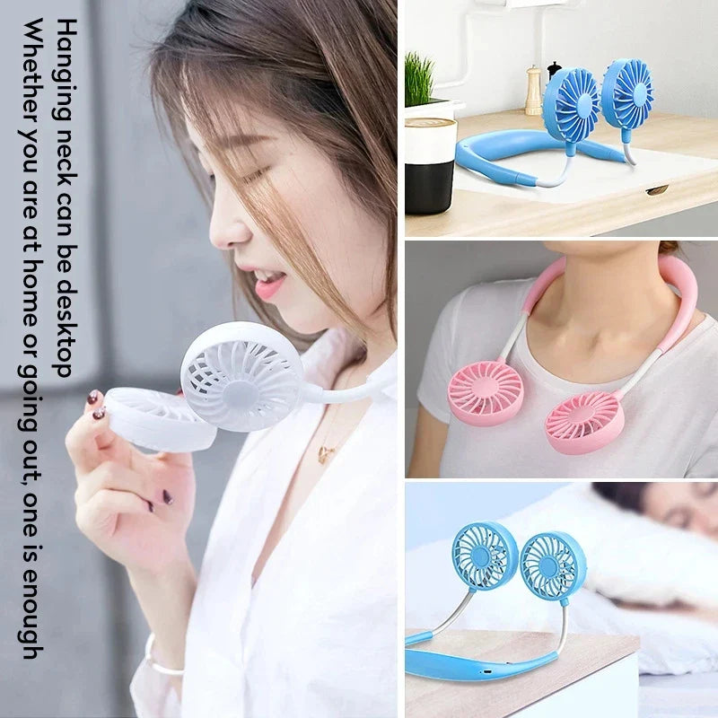 USB Portable Hands-Free Neck Fan - Rechargeable Mini Sports Fan, 3-Speed Adjustable Dual Fan for Home Office & Outdoor Use