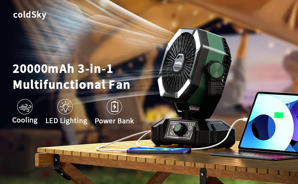 coldSky Portable Camping Fan — 4 LED Lanterns, 8 Speeds, 20000mAh Battery for Outdoor Use
