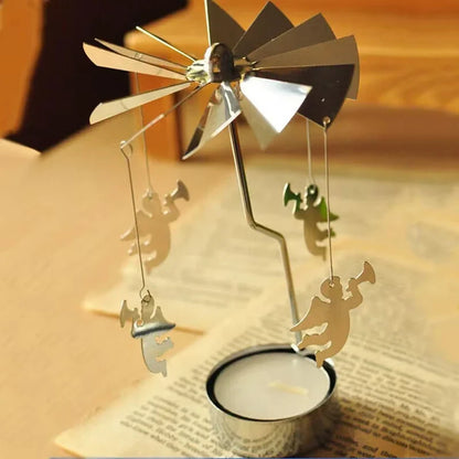 Silver Christmas Rotating Tea Light Candle Holder Carousel – Spinning Holiday Centerpiece Decor