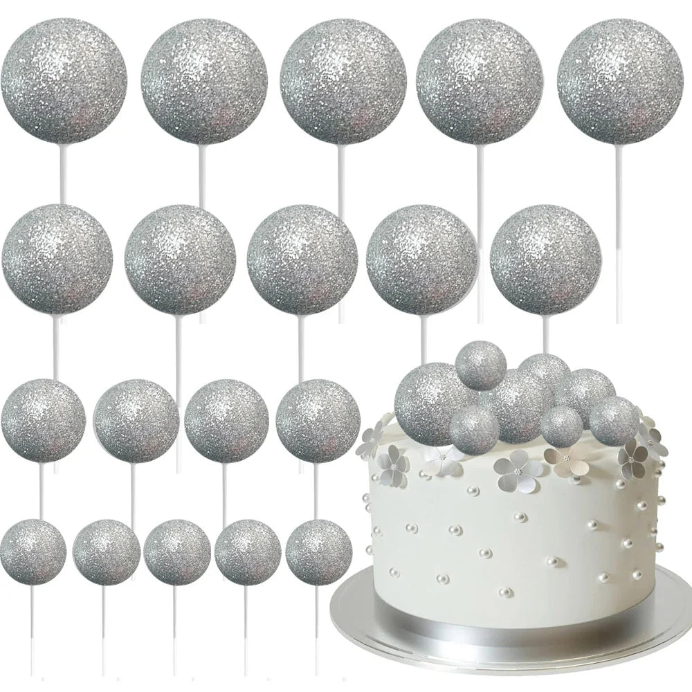 20Pcs Colorful Cake Topper Balls – Gold, Silver & Pastel DIY Cake Decorations for Birthday, Wedding & Party Supplies