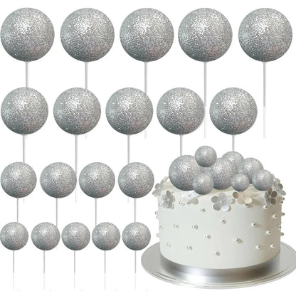 20Pcs Colorful Cake Topper Balls – Gold, Silver & Pastel DIY Cake Decorations for Birthday, Wedding & Party Supplies