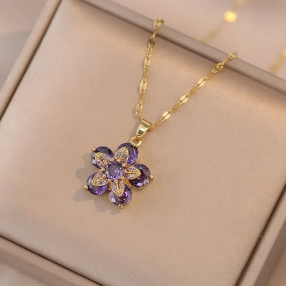 Light Luxury Gold Zircon Flower Pendant Necklace for Women – Elegant Spin Design High-End Party Jewelry Gift Chain Necklace